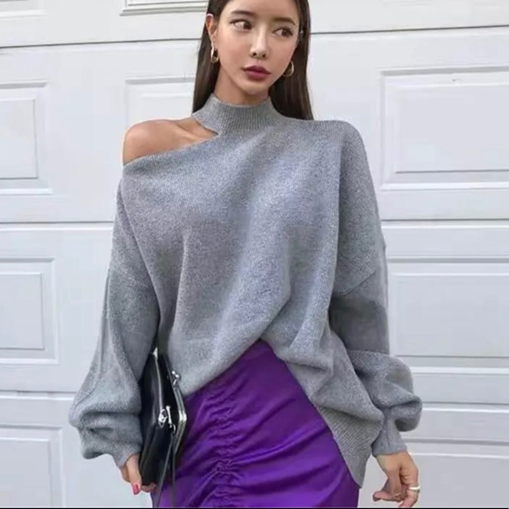 Turtleneck cutout sweater off shoulder gray womens sexy long sleeve